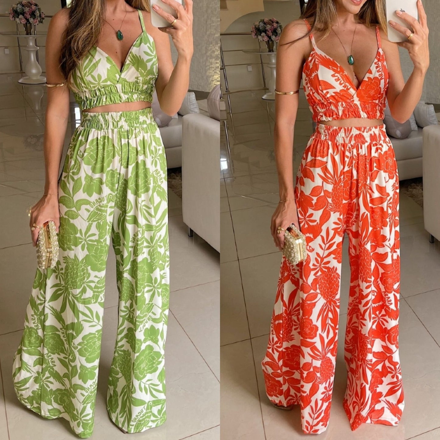 Conjunto de Verano Estampado con Camiseta de Tirantes y Pantalones