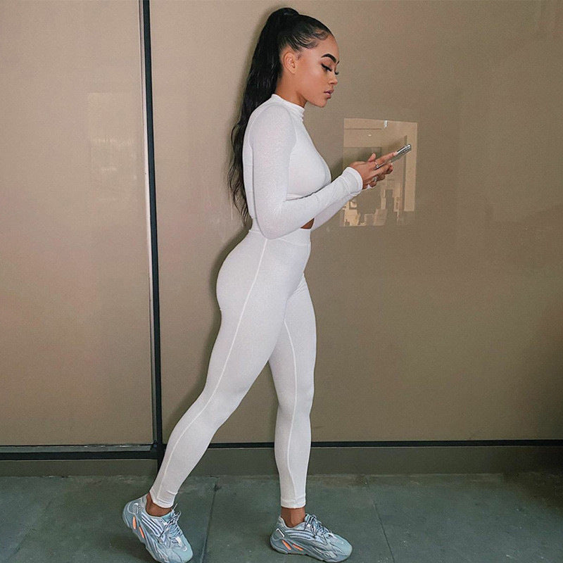 Conjunto de Top Corto de Manga Larga y Pantalón de Cintura Alta para Mujer de Otoño