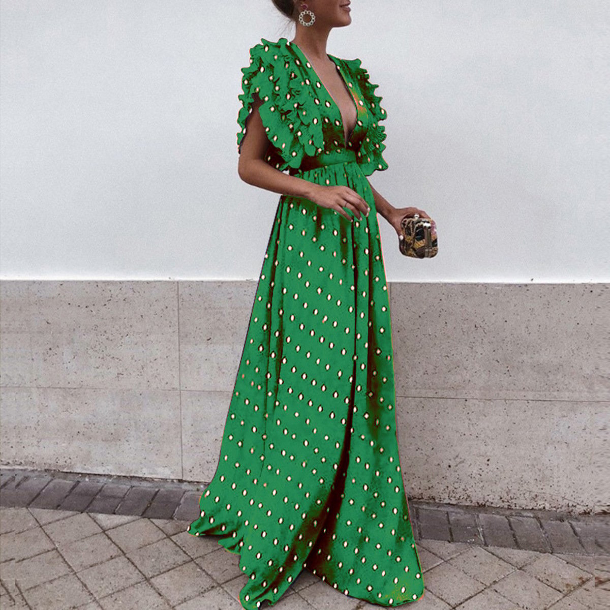 Vestido Largo sin Espalda de Cuello V con Lunares para Mujer