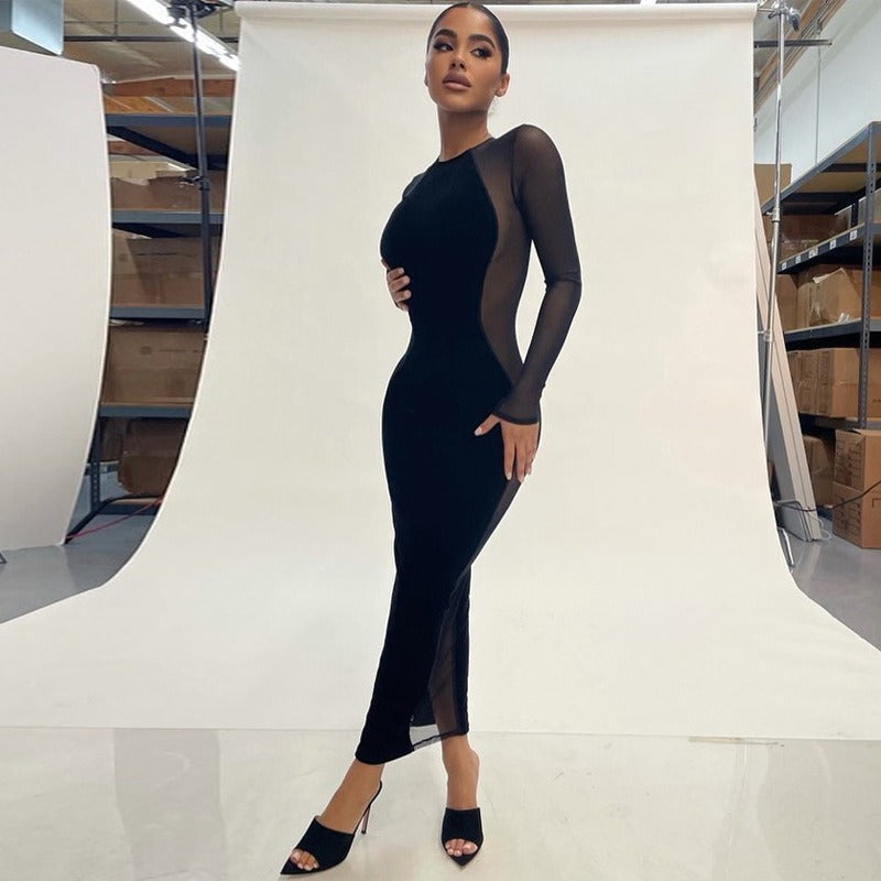 Vestido Largo de Manga Larga Sexy Transparente de Malla para Otoño Invierno