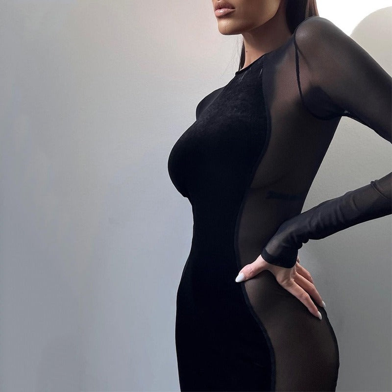 Vestido Largo de Manga Larga Sexy Transparente de Malla para Otoño Invierno