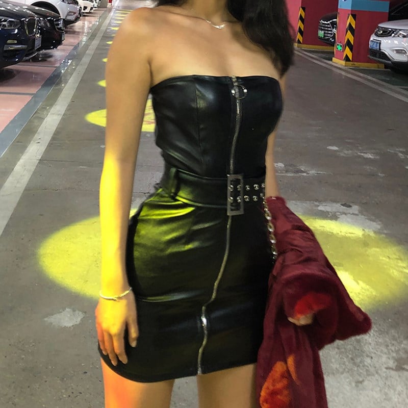 Vestido de Otoño para Mujer con Corte A y Hombros de PU