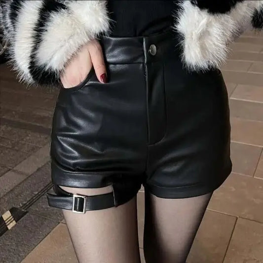 Shorts de Cuero Cintura Alta Mujer