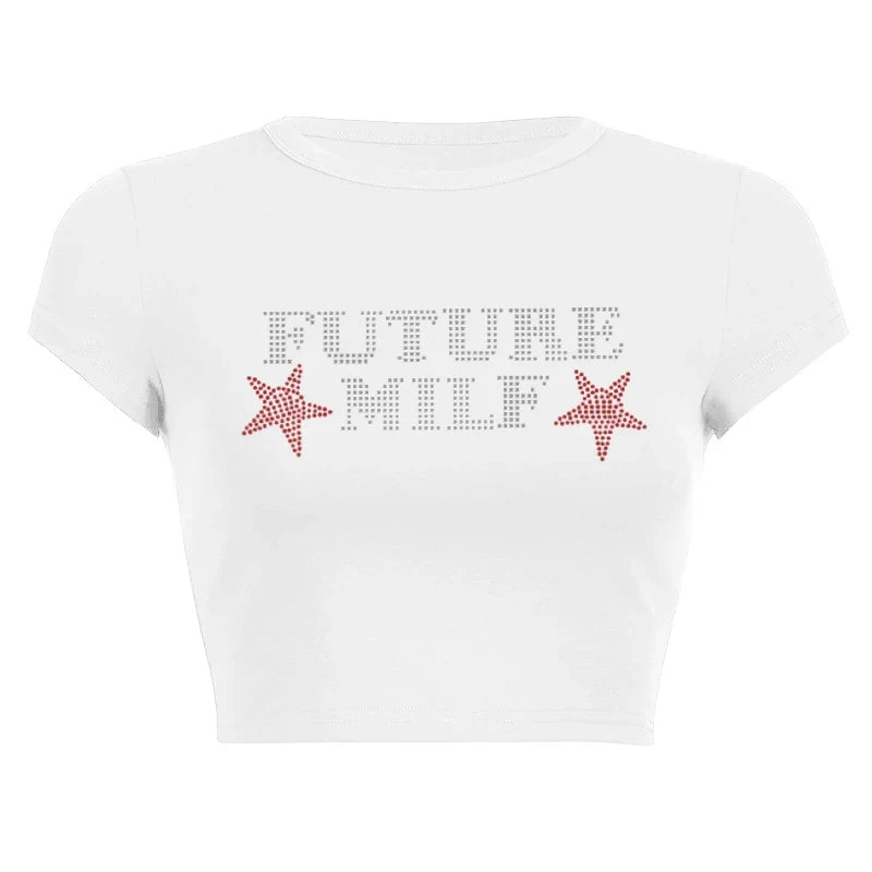 Camiseta con Estrellas y Letras de Strass