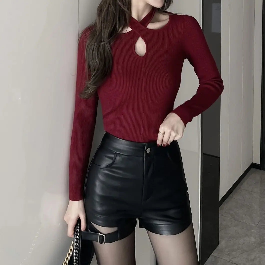 Shorts de Cuero Cintura Alta Mujer