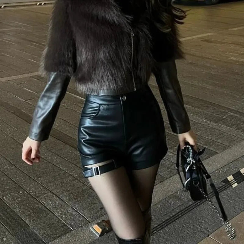 Shorts de Cuero Cintura Alta Mujer