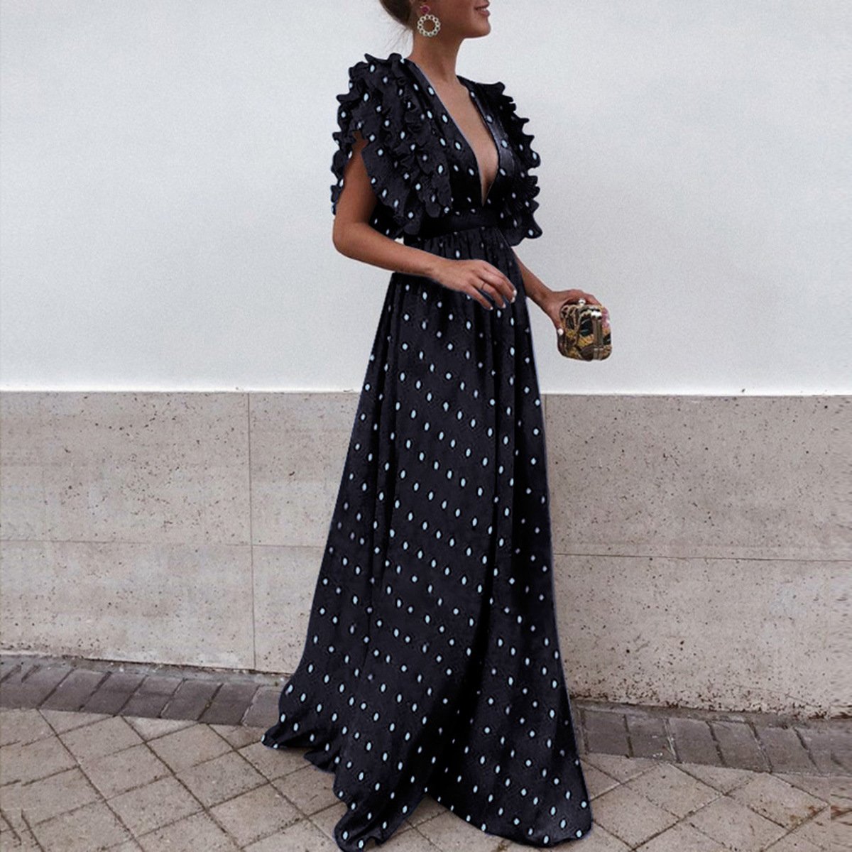 Vestido Largo sin Espalda de Cuello V con Lunares para Mujer
