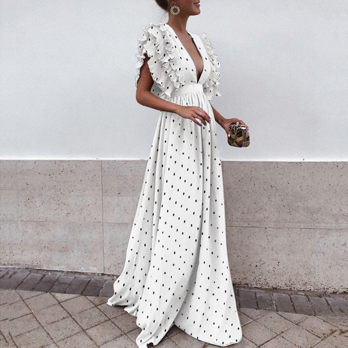 Vestido Largo sin Espalda de Cuello V con Lunares para Mujer