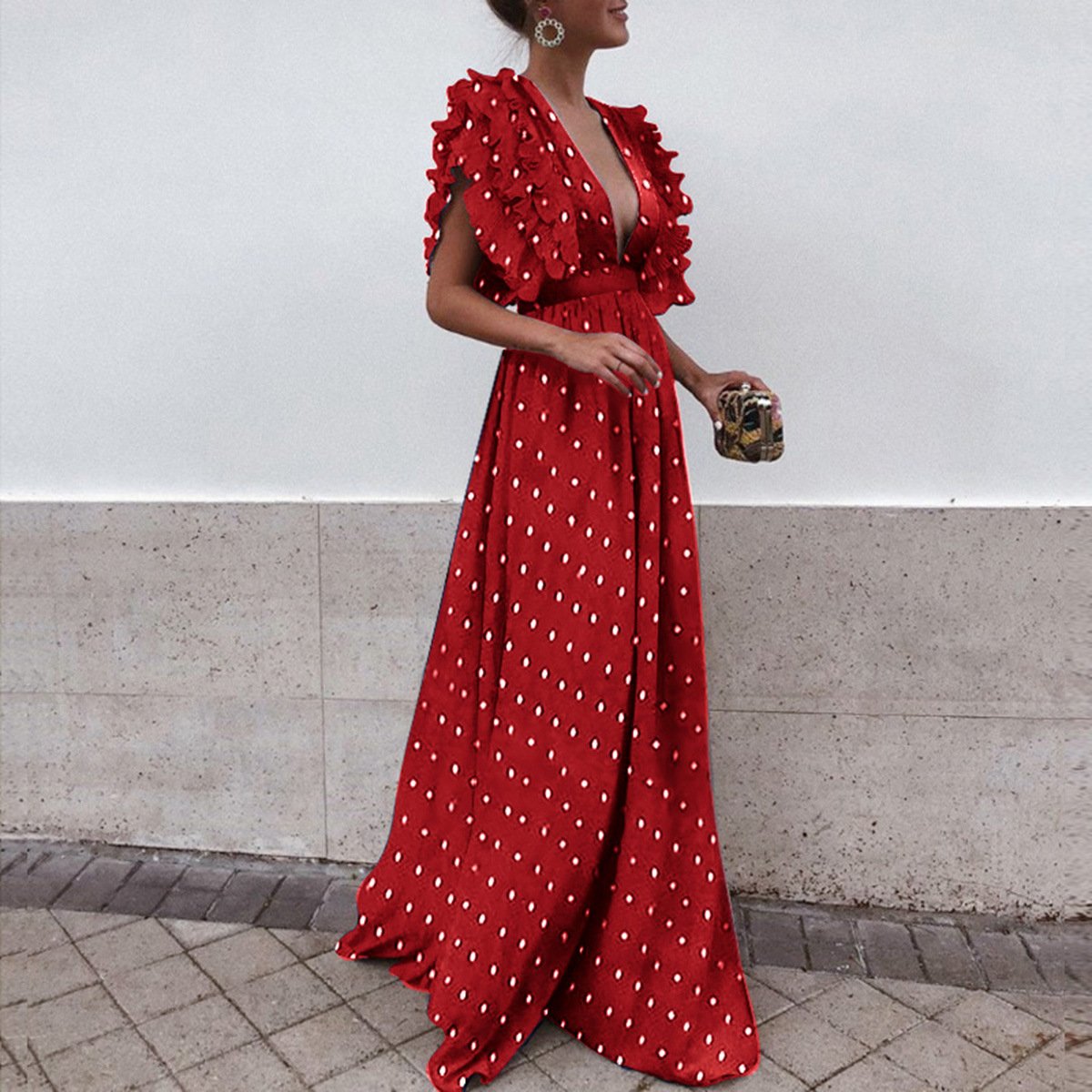 Vestido Largo sin Espalda de Cuello V con Lunares para Mujer