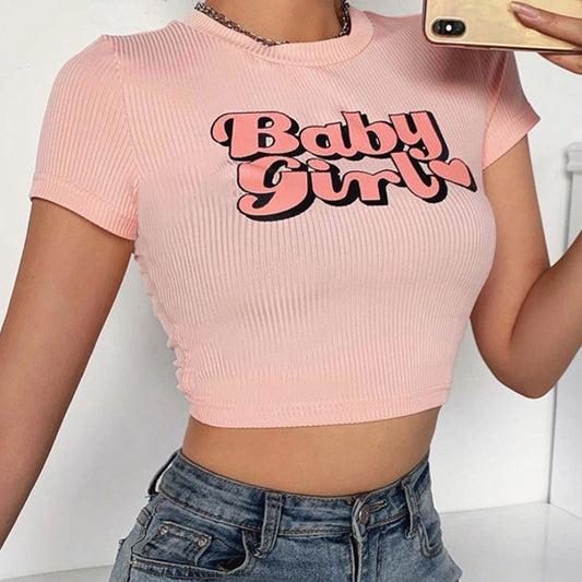 Camiseta Casual Corta con Estampado de Letras